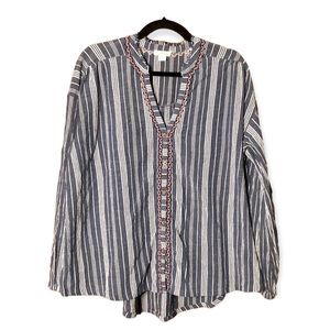 Sundance Solitude Stripe Top Blue White Long Puff Sleeve Embroidered